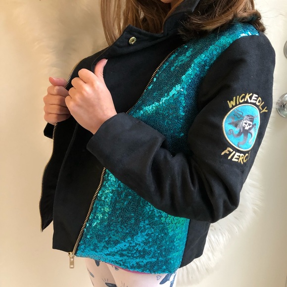 Disney D-Signed Descendants 3 Faux Suede Aqua Sequins Uma Moto Jacket, S - Picture 2 of 14
